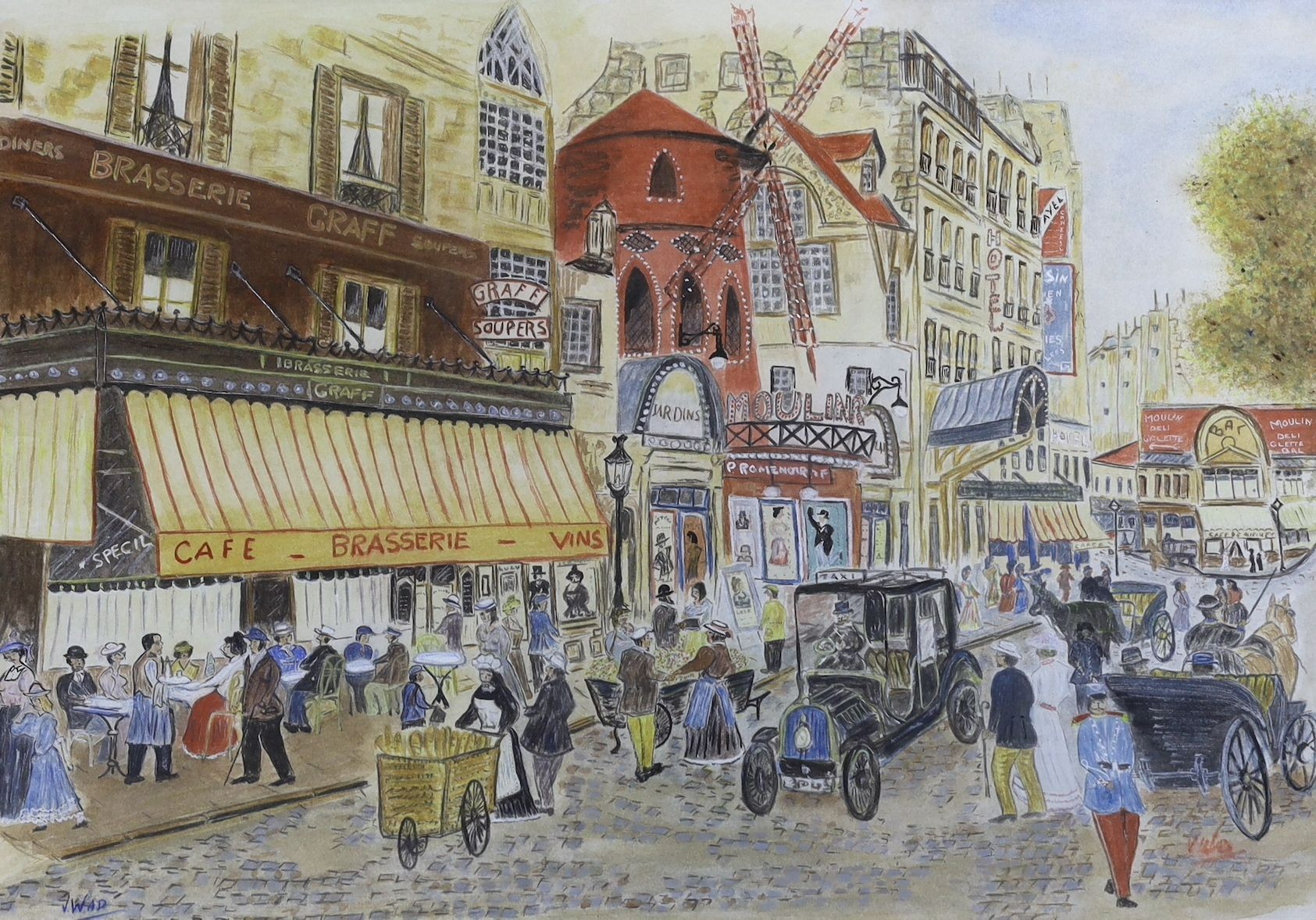 V. Wad, crayon and watercolour, 'Moulin Rouge', signed, 33 x 47cm